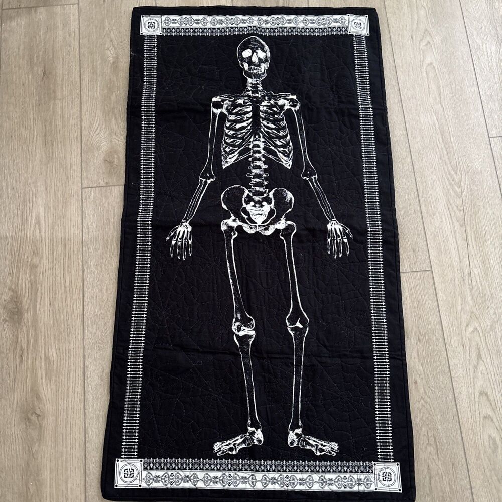 Halloween Skeleton Cotton Quilt Fabric Panel Decor Black Skulls Goth Glow 42"x23